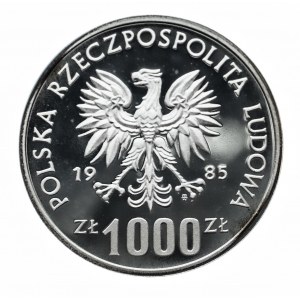 Polska, PRL 1944-1989, 1000 złotych 1985, Ochrona śrosowiska - wiewiórka, próba w srebrze