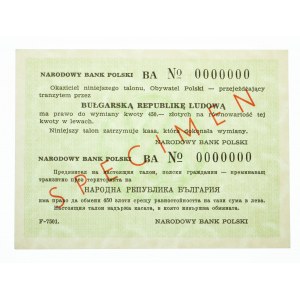 Polska, PRL 1944-1989, talon podróżny na Bułgarię na kwotę 450 złotych - wzór (SPECIMEN), ser. BA0000000
