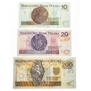 Polska, Rzczpospolita od 1989 r., zestaw 10 + 20 + 200 złotych 1994, seria AA - z tą samą numeracją