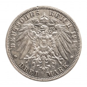 Niemcy, Cesarstwo Niemieckie 1871-1918, Prusy, Wilhelm II 1888-1918, 3 marki 1914 A, Berlin, popiersie cesarza w mundurze.