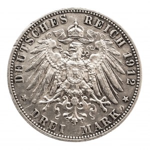 Niemcy, Cesarstwo Niemieckie 1871-1918, Saksonia, Fryderyk August III 1904-1918, 3 marki 1912 E, Muldenhütten.