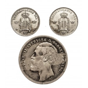 Szwecja, Oscar II 1872 - 1907, zestaw trzech srebrnych monet
