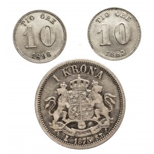 Szwecja, Oscar II 1872 - 1907, zestaw trzech srebrnych monet