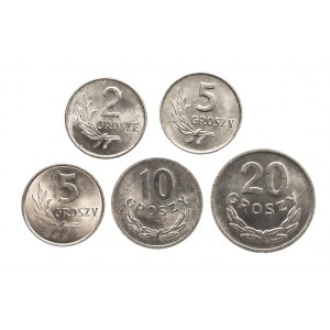 Polska, PRL 1944-1989, zestaw drobnych menniczych monet - 5 sztuk