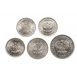 Polska, PRL 1944-1989, zestaw drobnych menniczych monet - 5 sztuk