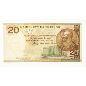 Rzeczpospolita Polska, NBP - banknot kolekcjonerski, 20 złotych, 100 rocznica przyznania Nagrody Nobla Marii Skłodowskiej-Curie, Warszawa 2011.