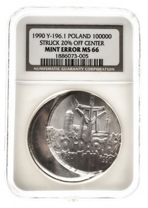 Polska, PRL 1944-1989, 100000 złotych 1990, Solidarność 1980-1990, typ B, DESTRUKT, srebro
