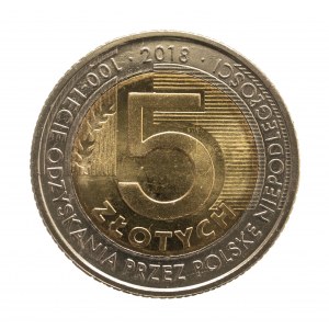 Polska, Rzeczpospolita od 1989, 5 złotych (destrukt menniczy) 2018, Warszawa, 100-lecie odzyskania przez Polskę niepodległości