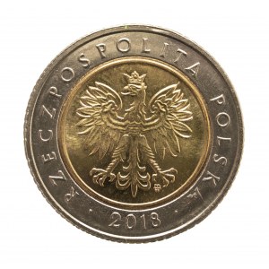 Polska, Rzeczpospolita od 1989, 5 złotych (destrukt menniczy) 2018, Warszawa, 100-lecie odzyskania przez Polskę niepodległości