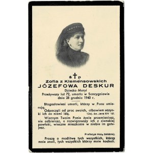 Deskur Zofia z Klemensowskich, żona Józefa Deskura, zawiadomienie o śmierci