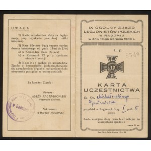 Radom, Zjazd Legionistów 1930, Karta uczestnictwa
