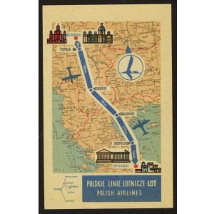 Pocztówka reklamowa LOT z mapą. Trasa Belgrad- Ateny