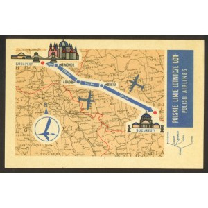 Pocztówka reklamowa LOT z mapą. Trasa Budapeszt- Bukareszt