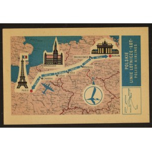 Pocztówka reklamowa LOT z mapą. Trasa Berlin - Paryż