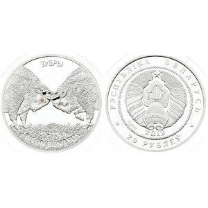 Belarus 20 Roubles 2012. Averse: National arms. Reverse: Two bison butting heads. Silver. KM 422...