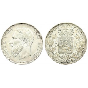 Belgium 5 Francs 1867 Leopold II(1865-1909). Position A. Averse: Smaller head engraver...