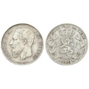 Belgium 5 Francs 1869 Leopold II(1865-1909). Position A. Averse: Smaller head engraver...