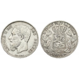 Belgium 5 Francs 1873 Leopold II(1865-1909). Position A. Averse: Smaller head engraver...