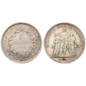 France 5 Francs 1848 A Averse: Hercules group. Reverse: Denomination within wreath. Silver. KM 756...