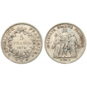 France 5 Francs 1874 K Averse: Hercules group. Reverse: Denomination within wreath. Silver...