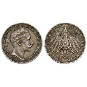 Germany Prussia 3 Mark 1908 A. Wilhelm II (1888-1918). Averse: Head right. Reverse...