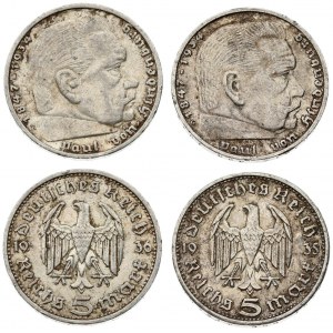 Germany Third Reich 5 Reichsmark 1935-1936 G&E Hindenburg Issue. Averse: Eagle divides date...