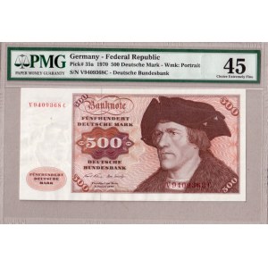 Germany Federal Republic 500 Deutsche Mark 1970 Banknote . Pick # 35a. Wmk: Portrait S/N V9049368 C...