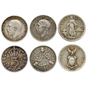 Great Britain 3 Pence 1918 &  3 Pence 1936 George V & 10 Centavos 1945 D Philippines. Silver...