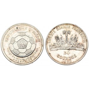 Haiti 50 Gourdes 1977 Averse: Soccer ball with date at center. Reverse: National arms. Silver...