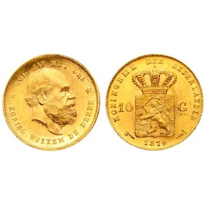 Netherlands 10 Gulden 1879 William III(1849-1890). Averse: Head right. Averse Legend...