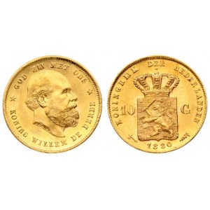 Netherlands 10 Gulden 1880 William III(1849-1890). Averse: Head right. Averse Legend...
