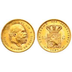 Netherlands 10 Gulden 1889 William III(1849-1890). Averse: Head right. Averse Legend...
