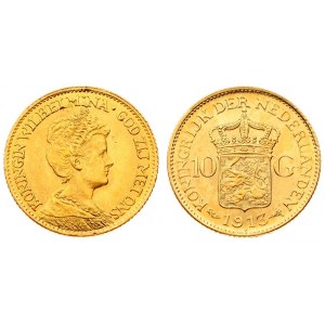 Netherlands 10 Gulden 1913 Wilhelmina I(1890–1948). Averse: Head right. Reverse...