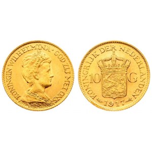 Netherlands 10 Gulden 1917 Wilhelmina I(1890–1948). Averse: Head right. Reverse...