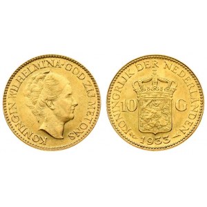 Netherlands 10 Gulden 1933 Wilhelmina I(1890–1948). Averse: Head right. Reverse...