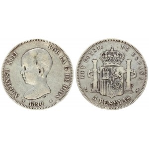 Spain 5 Pesetas 1890 (90) MP M. Alfonso XIII(1886-1931). Averse: Toddler's head left. Averse Legend...