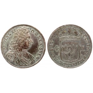 Sweden 4 Mark 1696 AS Charles XI(1660-1697). Averse: Mature bust of Charles XI right. Reverse...