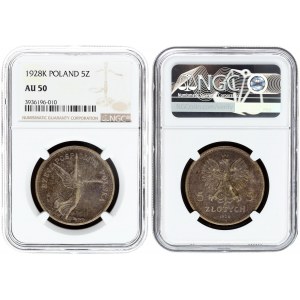 Poland 5 Zlotych 1928 (w) Averse: Crowned eagle with wings open. Reverse: Winged Victory right...