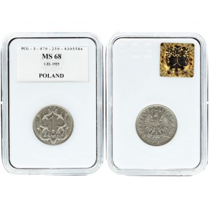Poland 1 Zloty 1929(w) Averse: Crowned eagle with wings open. Reverse: Value within stylized design...