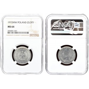 Poland 1 Zloty 1972MW Averse: Eagle with wings open. Reverse: Value within wreath. Edge Description...