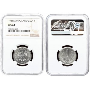 Poland 1 Zloty 1986 MW Averse: Eagle with wings open. Reverse: Value within wreath...