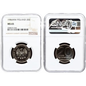 Poland 20 Zlotych 1986MW . Averse: Eagle with wings open. Reverse: Value. Edge Description: Reeded...