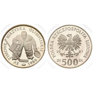 Poland 500 Zlotych 1987 MW Averse: Imperial eagle above value. Reverse: Ice hockey goalie. Silver...