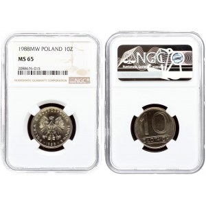 Poland 10 Zlotych  1988MW. Averse: Eagle with wings open. Reverse: Value. Edge Description: Reeded...