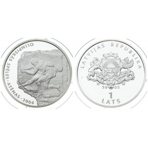 Latvia 1 Lats 2002 Olympics 2004. Averse: Arms with supporters. Reverse: Ancient wrestlers...