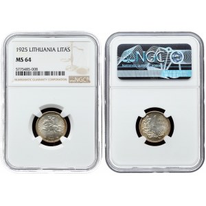 Lithuania 1 Litas 1925 Averse: National arms. Reverse: Value above oak leaves. Edge Description...