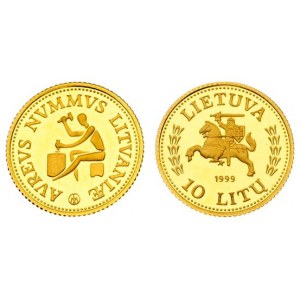 Lithuania 10 Litų 1999 Lithuanian gold coinage. Averse: National arms. Reverse: Medieval minter...