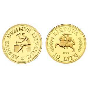 Lithuania 10 Litų 1999 Lithuanian gold coinage. Averse: National arms. Reverse...