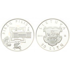 Lithuania 50 Litų 2010 Biržai Castle. Averse: Viltus in shield. Reverse: Castle view and ariel plan...