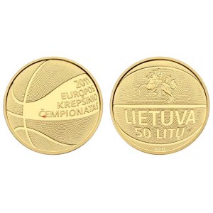 Lithuania 50 Litų 2011 European Basketball Championship. Averse: State emblem. Reverse: Basketball...